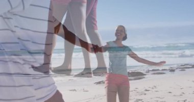 Sahilde deniz manzarası izlerken eğlenen mutlu Afro-Amerikan çifti animasyonu. Tatiller, tatiller ve rahatlama konsepti dijital olarak oluşturulmuş video.