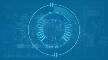 Mavi dijital ekranda metazır şehir ve işlem çemberinin animasyonu. Ağ, dijital arayüz, iletişim, sanal gerçeklik ve teknoloji konsepti dijital olarak oluşturulmuş video.