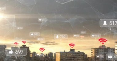 Multiple social media icons and network of connections against cityscape. Global networking and business technology concept