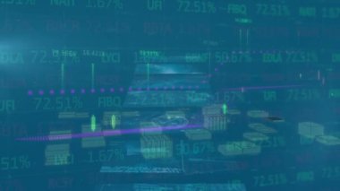 Meta-evren şehri animasyonu, mavi uzayda ekranlar ve finansal grafikler hakkında veriler. Ağ, dijital arayüz, iletişim, sanal gerçeklik ve teknoloji konsepti dijital olarak oluşturulmuş video.