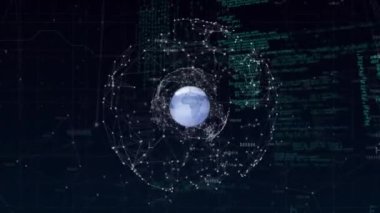 Animation of data processing over globe. Global technology and digital interface concept digitally generated video.