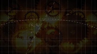 Matematiksel denklemlerin siyah arkaplandaki dişliler üzerinden canlandırılması. Küresel teknoloji, bilgisayar ve dijital arayüz kavramı dijital olarak oluşturulmuş video.