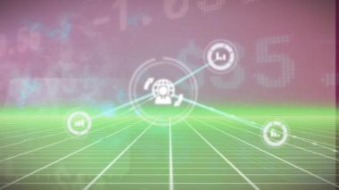 Animation of lines connecting people icons with digital stock market ticker chart and grid patterns. Hologram, digitally generated, multiple exposure, social media, trading, technology, investment.