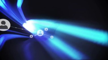 Işık yollarının üzerindeki simgelerle bağlantı ağının animasyonu. Küresel iş ve dijital arayüz kavramı dijital olarak oluşturulmuş video.