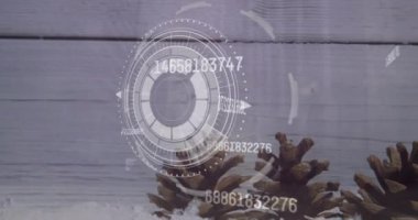 Çam kozalaklarını tarayan veri işleme ve dürbün animasyonları. Dijital olarak oluşturulmuş küresel bağlantılar, veri işleme ve dijital arayüz kavramı.