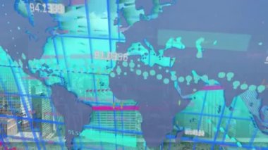 Animation of data processing and world map over cityscape. Global business and digital interface concept digitally generated video.