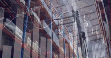 Animation of statistical data processing over forklift working at the warehouse. Logistics business and technology concept