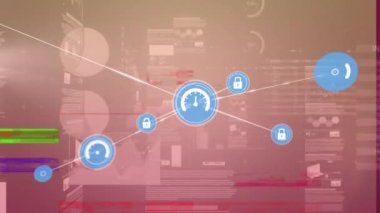 Grafiksel hız göstergesinin asma kilitlere bağlanması ve verilerin grafiklerle işlenmesi. Dijital olarak oluşturulmuş, hologram, veri, rapor, siber güvenlik ve bilgisayar ağı kavramı.