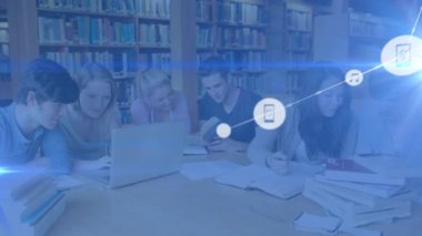 Animation of network of connections over diverse students learning in library. Global education and digital interface concept digitally generated video.