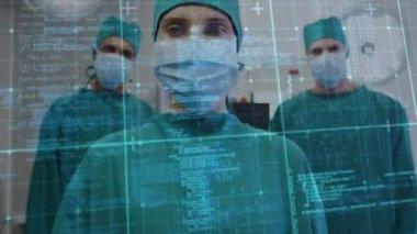 Hastanedeki ameliyathanede cerrah portresi üzerinde veri işleme animasyonu. Tıbbi sağlık ve teknoloji konsepti