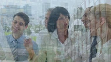 Animation of multiracial colleagues discussing over whiteboard in office and buildings in city. Three dimensional, digital composite, multiple exposure, teamwork, business and planning concept.
