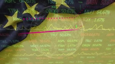 Animation loop of digital globe, business graph moving up over trading board and national flag. Hologram, digitally generated, multiple exposure, global business, investment, data and finance.