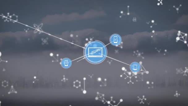 Animation Network Connections Icons Molecules Sky Clouds Global Connections Computing — Vídeo de Stock