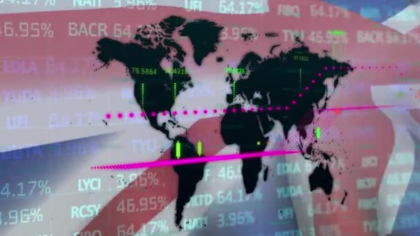 Multiple Exposure Moving Graphical Chart Map British Flag Stock Market — Vídeo de stock