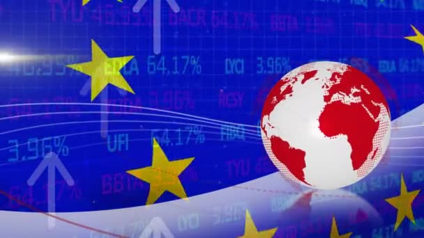 Анімація Графічного Глобуса Знаками Стрілками Рухаються Вгору Прапором Європейського Союзу — стокове відео