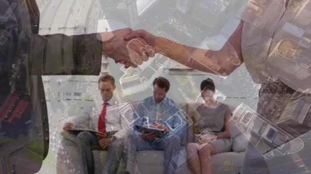 Multiple Exposure Caucasian Partners Handshake Applicants Sitting Sofa Aerial View — Vídeos de Stock