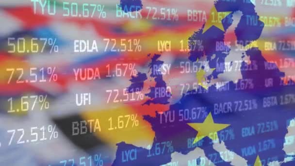 Animation Digitally Generated Line Graph Moving Nationals Flags Trading Board — стоковое видео