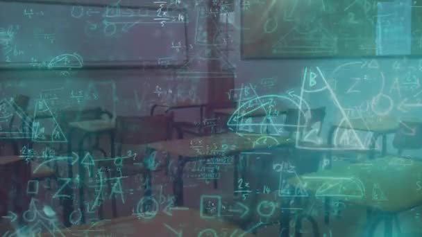 Animation Blue Spot Light Mathematical Equations Floating Empty Classroom School — Stock videók
