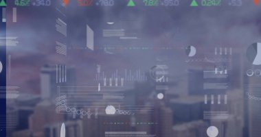 Şehir manzarası üzerinde veri işleme resmi. Küresel teknoloji, bilgisayar ve dijital arayüz kavramı dijital olarak oluşturulmuş görüntü.