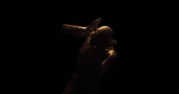 Image Distressed Shirtless Bald Figure Holding Head Pain Dark Room — Foto de Stock