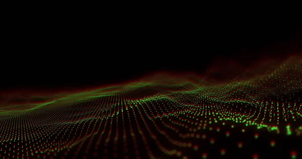 Image of undulating green and red 3d particle landscape on black background. Communication technology, abstract digital interface background concept digitally generated image.