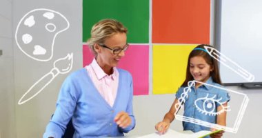 Çeşitli öğretmen ve kız öğrencilerin okul eşyaları ikonlarının canlandırılması. Küresel eğitim ve dijital arayüz kavramı dijital olarak oluşturulmuş video.