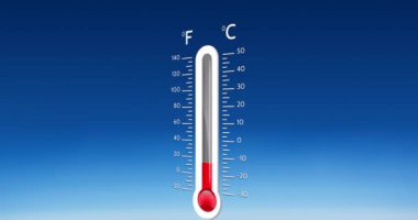 Animation of thermometer with on blue background. Climate, weather and forecast concept digitally generated video.