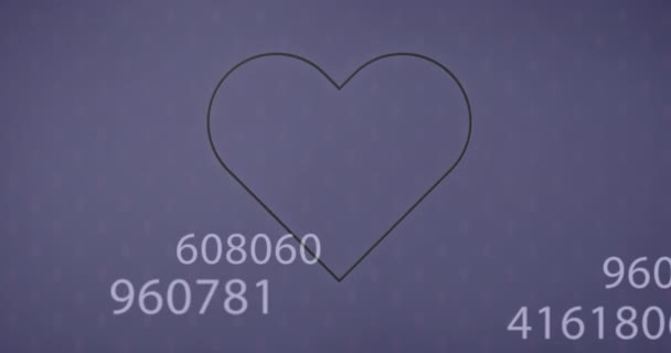 Animation Multiple Changing Numbers Glowing Heart Icon Purple Background Computer — Stok video