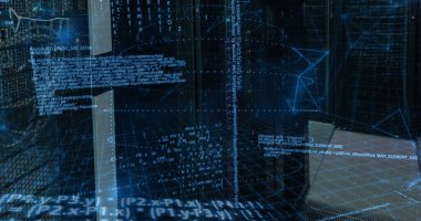 Sunucu odasındaki veri işleme ve şekillerin resmi. küresel iş ve dijital arayüz kavramı dijital olarak oluşturulmuş görüntü