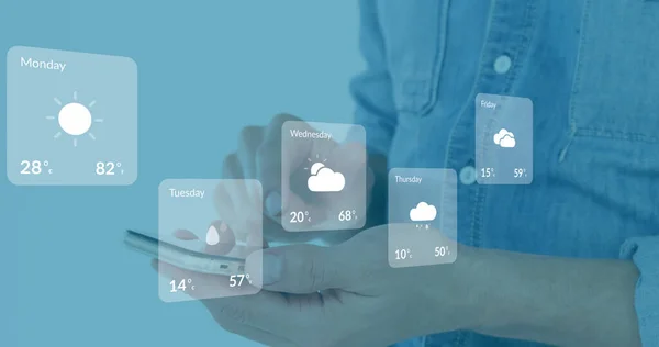 Image Weather Forecast Overhands Caucasian Man Using Smartphone Climate Weather — Fotografia de Stock