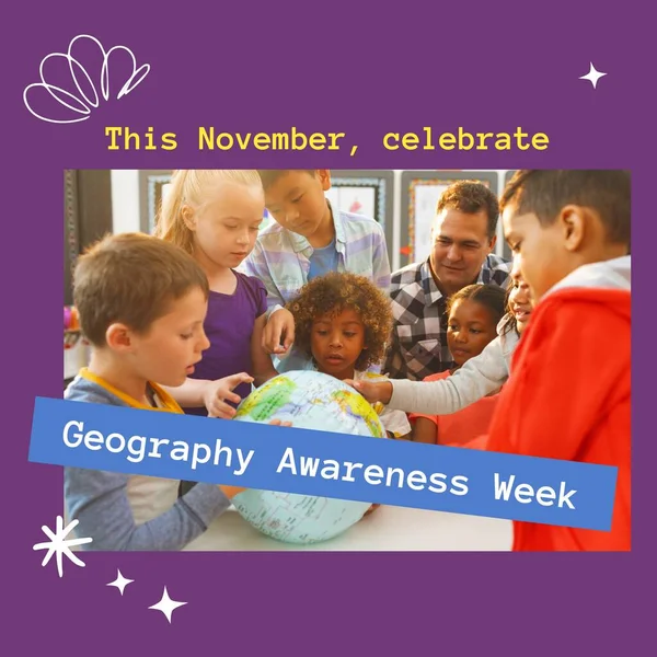 Image of geography awareness week over diverse pupils with globe. Geography, school and education concept.