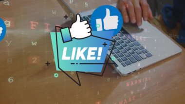 Animation of like text with icons and data processing over caucasian man using laptop. Global social media, computing and digital interface concept digitally generated video.