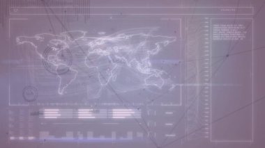 Animation of connections and data processing on digital screen with world map. Global network, connections, data processing and digital interface concept digitally generated video.