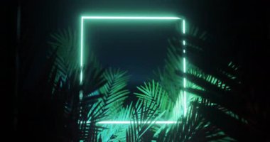 Animation of leaves over green neon square on black background. Light, pattern and movement concept digitally generated video.