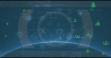 Animation of data, digital screens, connections and globe. Data processing, digital interface and global network concept digitally generated video.