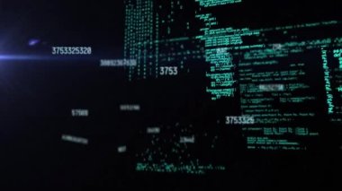 Animation of numbers and data processing on black background. Science, math, data processing and technology concept digitally generated video.
