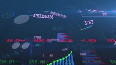 Animation of numbers, graphs and financial data on navy background. Science, math, data processing and technology concept digitally generated video.