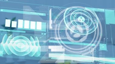 Animation of scope scanning and data processing over empty office. Global business, computing and digital interface concept digitally generated video.