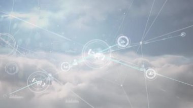 Animation of network of connections with icons and data processing over sky with clouds. Global connections, computing and digital interface concept digitally generated video.