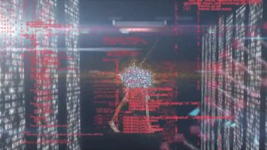 Animation of data, light in servers and skeleton. Science, human biology, data and technology concept digitally generated video.