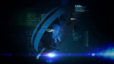 Siyah zemin üzerinde veri işleme üzerine dünyanın animasyonu. Küresel teknoloji, bilgisayar ve dijital arayüz kavramı dijital olarak oluşturulmuş video.