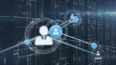 Animation of moving profile icons connecting with digital lines against graphical interface. Digitally generated, social media, global network, internet and technology concept.