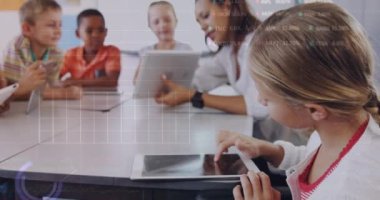 Animation of stock market data processing over caucasian girl using digital tablet at school. Global economy and education technology concept