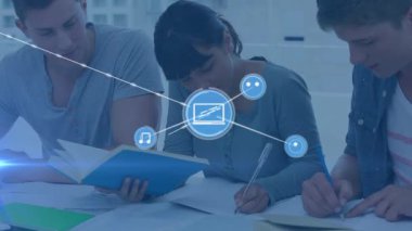 Animation of network of connections with icons over diverse group of students. Global education, connections and digital interface concept digitally generated video.