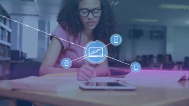 Animation of network of connections with icons over biracial female student. Global education, connections and digital interface concept digitally generated video.
