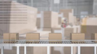 Animation of data processing over boxes on conveyor belt in warehouse. Global delivery and digital interface concept digitally generated video.