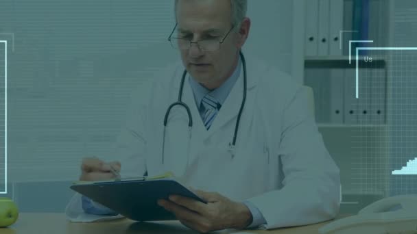 Animation Changing Profile Icons Caucasian Male Doctor Writing Clipboard Hospital — Stock Video