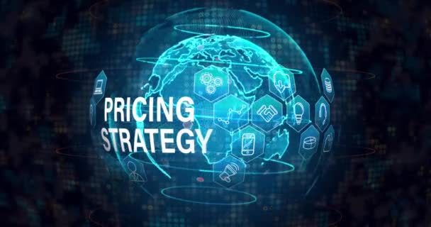 Animation Pricing Strategy Text Icons Globe Black Background Global Business — Vídeo de stock