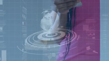 Animation of interface with data processing over mid section of a woman using smartphone. Computer interface and business technology concept