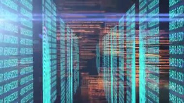 Animation of light spots and data processing over black background. Global business and digital interface concept digitally generated video.